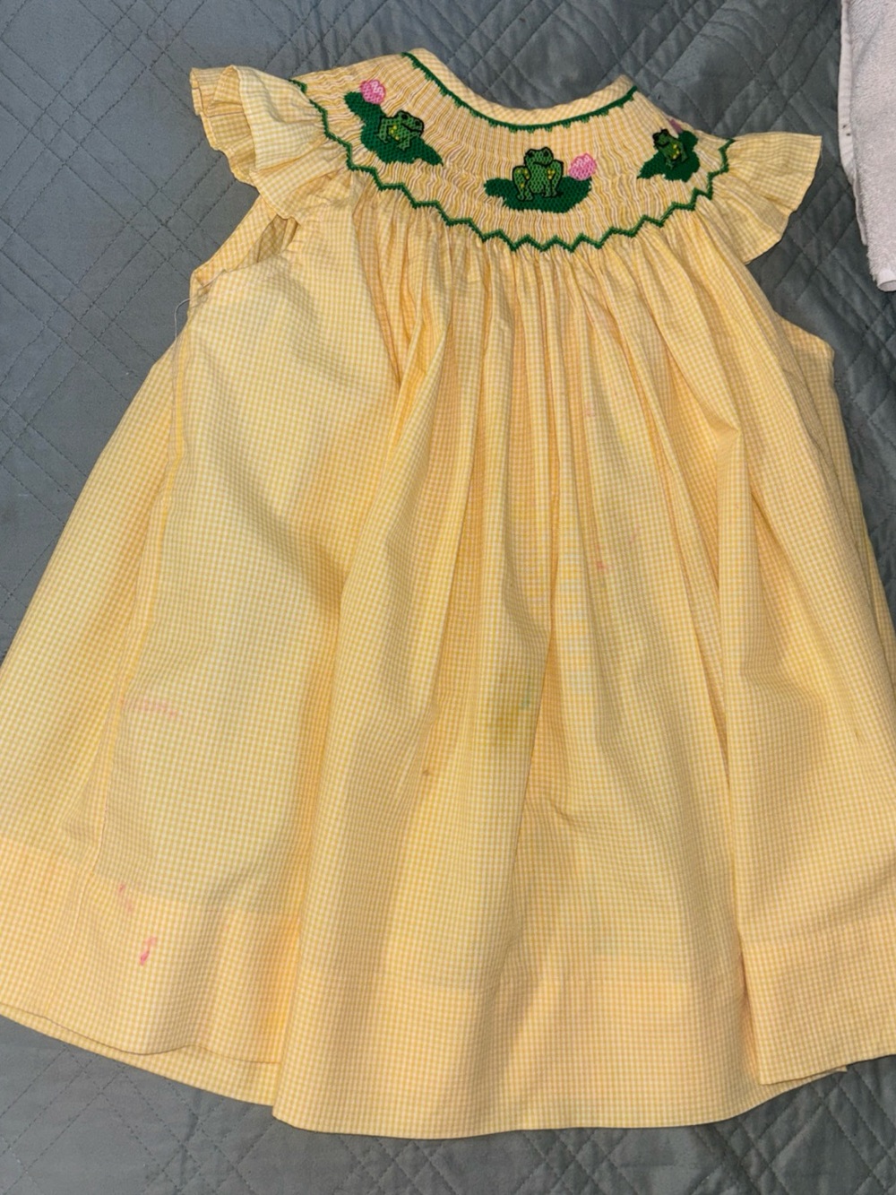 Yellow Smocked Frog Gingham Kids Dress Wish Upon a Star size tag 1 ,